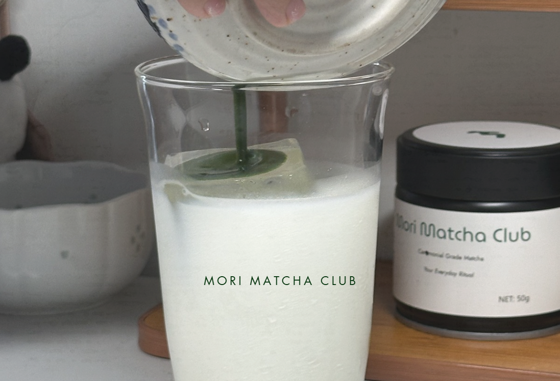 Three iced matcha drinks in light setting